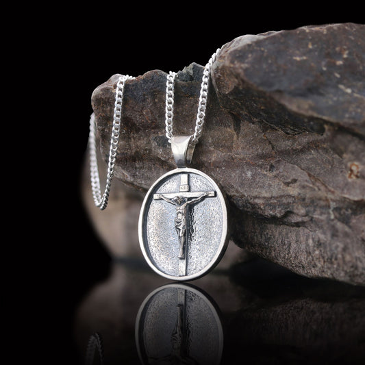 Silver Crucified Jesus Necklace, Crucifix Pendant, Christian Jewelry, Jesus Cross Necklace, Religious Jewelry - view 1