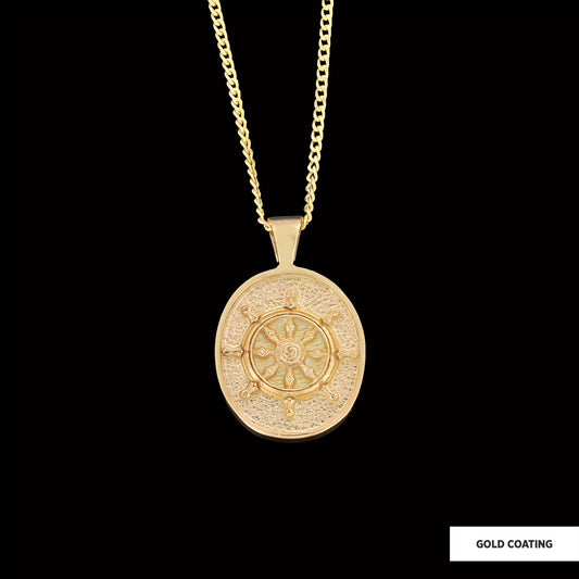 Silver Dharma Wheel Necklace, 8 Fold Path Pendant, Buddhism Charm, Dharmachakra Pendant Gold Coating