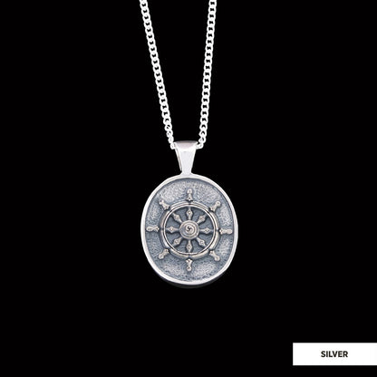 Silver Dharma Wheel Necklace, 8 Fold Path Pendant, Buddhism Charm, Dharmachakra Pendant Silver by SWISS PLUS - Buddhist Jewel