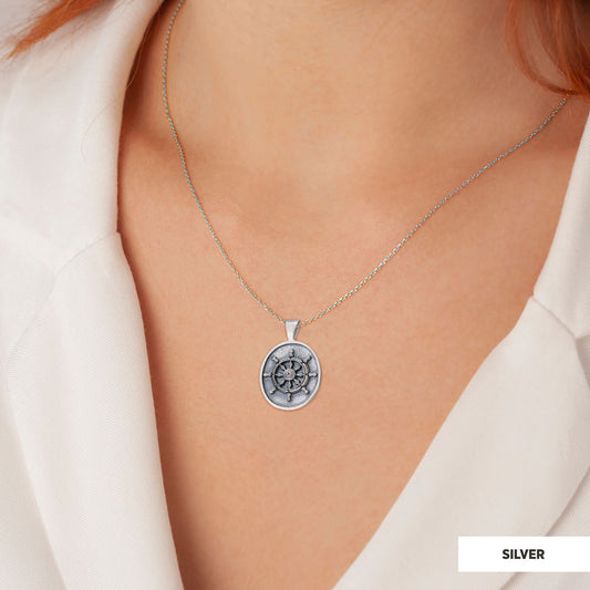 Silver Dharma Wheel Necklace, 8 Fold Path Pendant, Buddhism Charm, Dharmachakra Pendant Silver