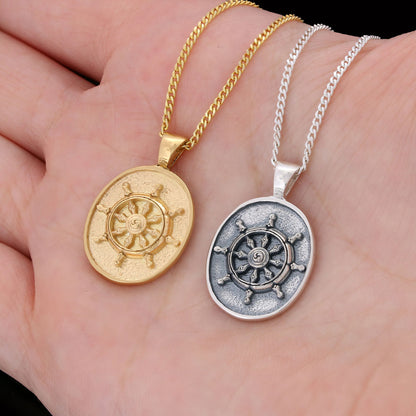Silver Dharma Wheel Necklace, 8 Fold Path Pendant, Buddhism Charm, Dharmachakra Pendant Silver by SWISS PLUS - Buddhist Jewel