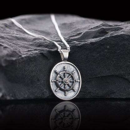 Silver Dharma Wheel Necklace, 8 Fold Path Pendant, Buddhism Charm, Dharmachakra Pendant by SWISS PLUS - Buddhist Jewelry Coll