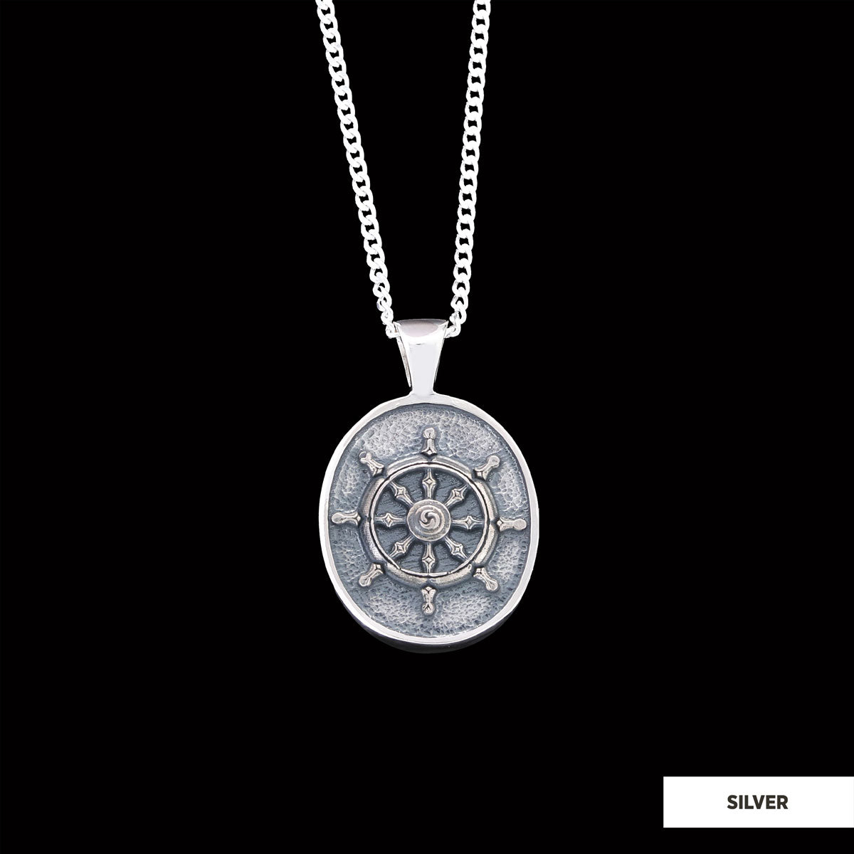 Silver Dharma Wheel Necklace, 8 Fold Path Pendant, Buddhism Charm, Dharmachakra Pendant by SWISS PLUS - Buddhist Jewelry Coll