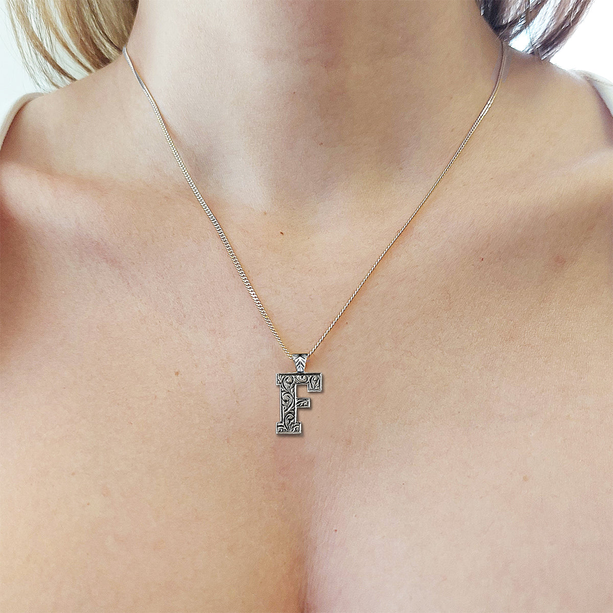 Silver Handmade Special Design Letter Monogram F Necklace - view 6