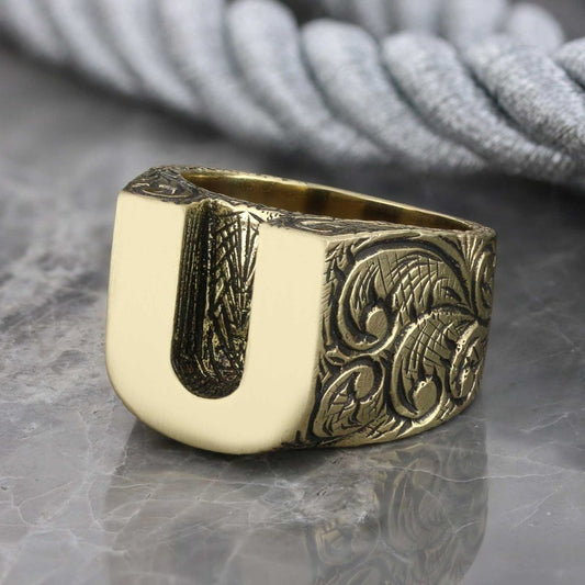 Specil Design Sterling Silver Letter U Monogram Ring - view 1