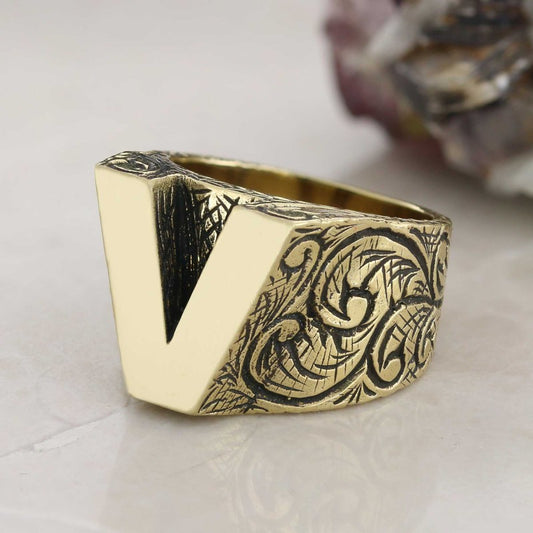 Unique Design Silver Letter V Monogram Ring - view 1