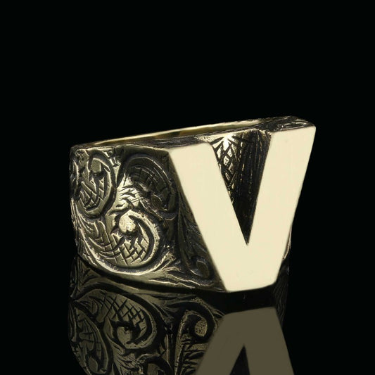 Unique Design Silver Letter V Monogram Ring - view 2