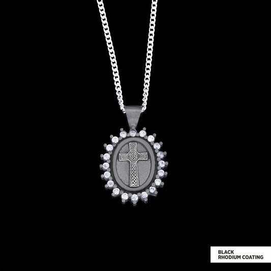 Silver Oval Cross Necklace, Stone Cross Silver Necklace, Gold Plated Silver Christian Cross Stone Necklace, Women's Religious Necklace Black Rhodium Coating