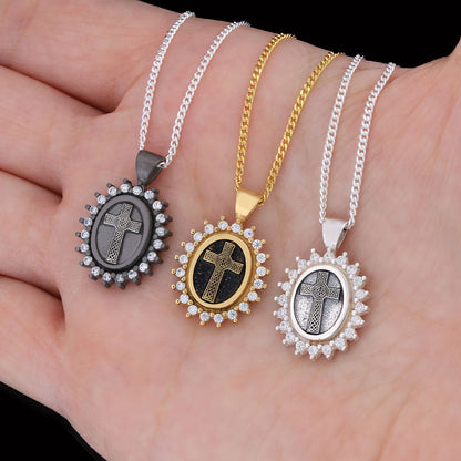 Silver Oval Cross Necklace, Stone Cross Silver Necklace, Gold Plated Silver Christian Cross Stone Necklace, Women's Religious