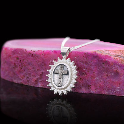 Silver Oval Cross Necklace, Stone Cross Silver Necklace, Gold Plated Silver Christian Cross Stone Necklace, Women's Religious