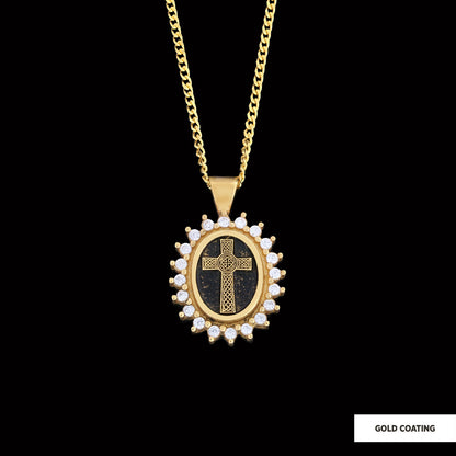 Silver Oval Cross Necklace, Stone Cross Silver Necklace, Gold Plated Silver Christian Cross Stone Necklace, Women's Religious