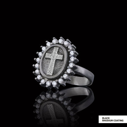 Silver Oval Cross Ring, Stone Cross Silver Ring, Gold Plated Silver Christian Cross Stone Ring, Women's Religious Ring Black 