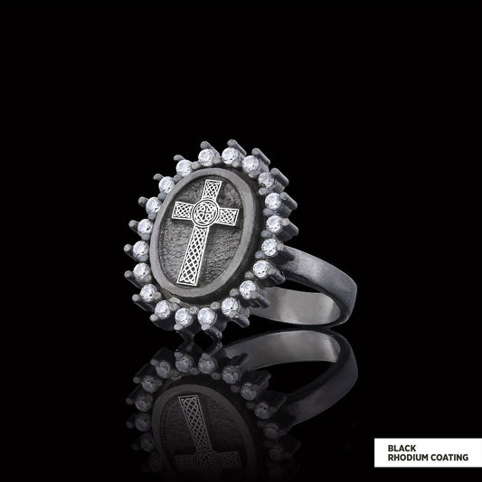 Silver Oval Cross Ring, Stone Cross Silver Ring, Gold Plated Silver Christian Cross Stone Ring, Women's Religious Ring Black Rhodium Coating