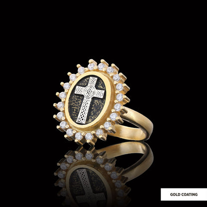 Silver Oval Cross Ring, Stone Cross Silver Ring, Gold Plated Silver Christian Cross Stone Ring, Women's Religious Ring Gold C