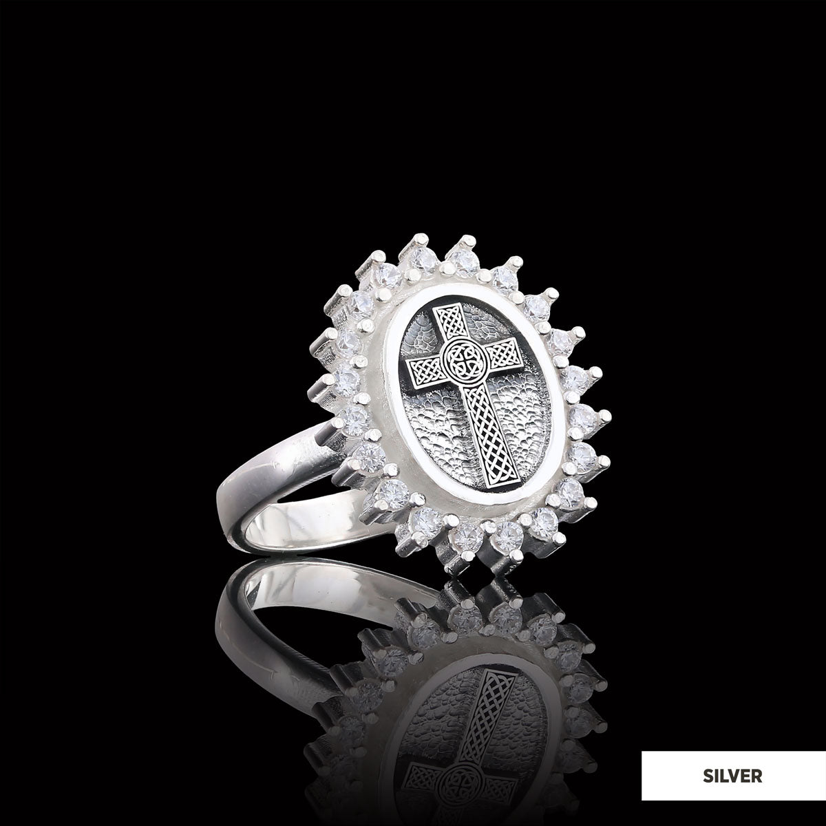 Silver Oval Cross Ring, Stone Cross Silver Ring, Gold Plated Silver Christian Cross Stone Ring, Women's Religious Ring Silver