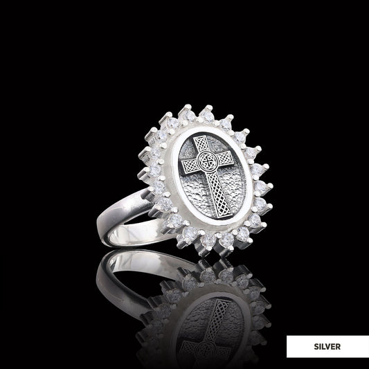 Silver Oval Cross Ring, Stone Cross Silver Ring, Gold Plated Silver Christian Cross Stone Ring, Women's Religious Ring Silver - view 1