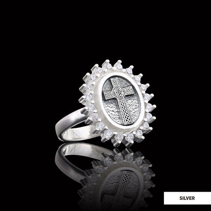 Silver Oval Cross Ring, Stone Cross Silver Ring, Gold Plated Silver Christian Cross Stone Ring, Women's Religious Ring by SWI