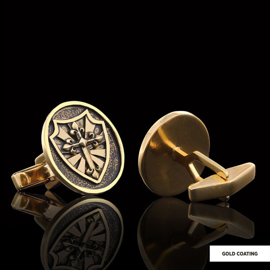 Silver Shield Cufflinks, Religious Gift for Men, Christian Armor Jewelry, Knight’s Cross and Shield Cufflinks Gold Coating