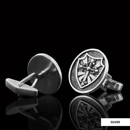 Silver Shield Cufflinks, Religious Gift for Men, Christian Armor Jewelry, Knight’s Cross and Shield Cufflinks Silver by SWISS
