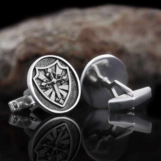 Silver Shield Cufflinks, Religious Gift for Men, Christian Armor Jewelry, Knight’s Cross and Shield Cufflinks - view 1