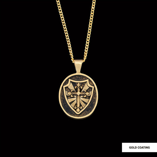 Silver Shield Pendant, Religious Gift for Men, Christian Armor Jewelry, Knight’s Cross and Shield Necklace Gold Coating