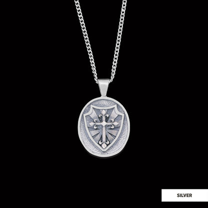 Silver Shield Pendant, Religious Gift for Men, Christian Armor Jewelry, Knight’s Cross and Shield Necklace Silver by SWISS PL