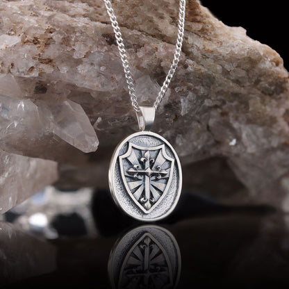 Silver Shield Pendant, Religious Gift for Men, Christian Armor Jewelry, Knight’s Cross and Shield Necklace Silver by SWISS PL