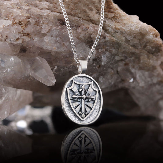 Silver Shield Pendant, Religious Gift for Men, Christian Armor Jewelry, Knight’s Cross and Shield Necklace - view 1