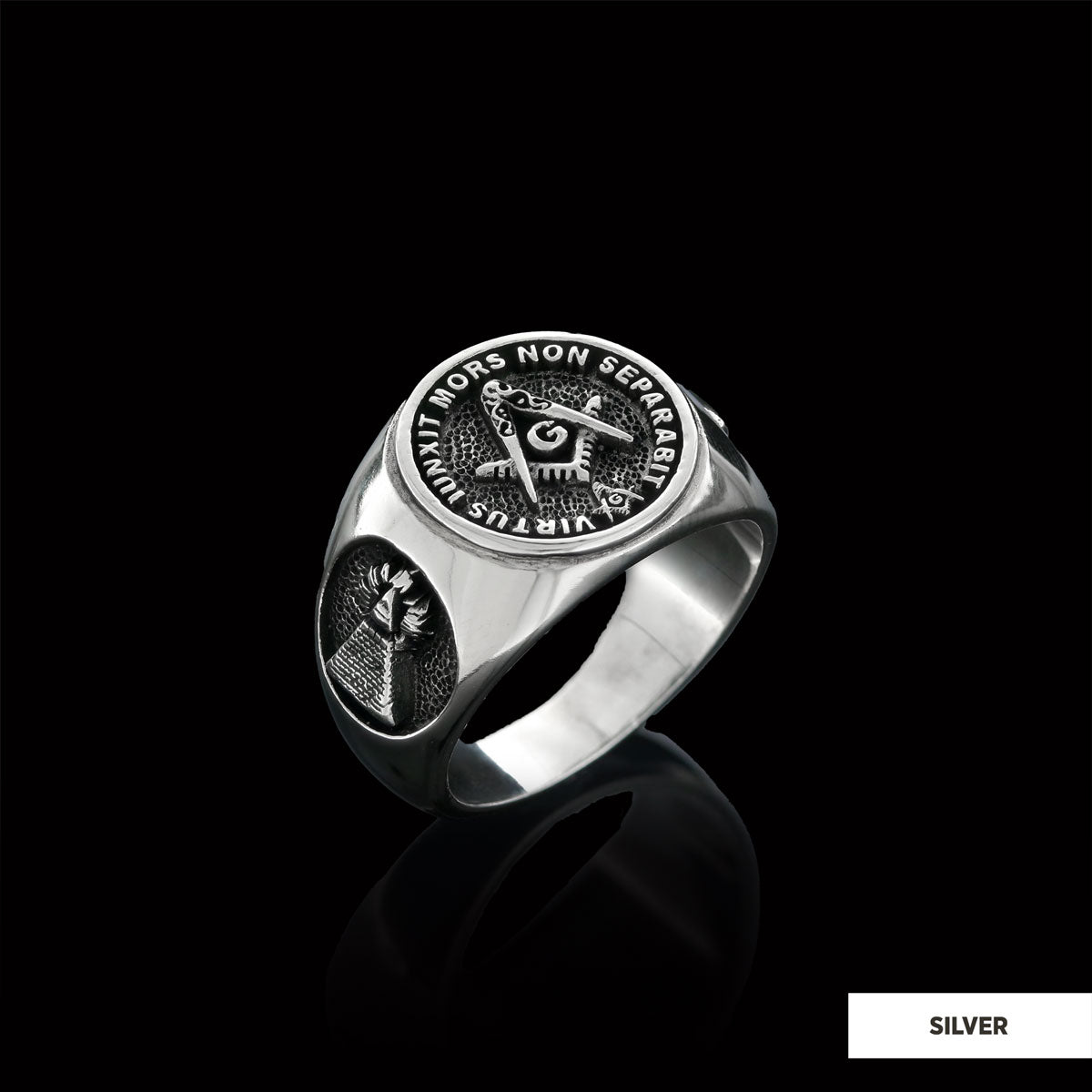 Skull and Bones Masonic Ring, Round Mason Ring, Ancient Lodge Mason Ring - view 4