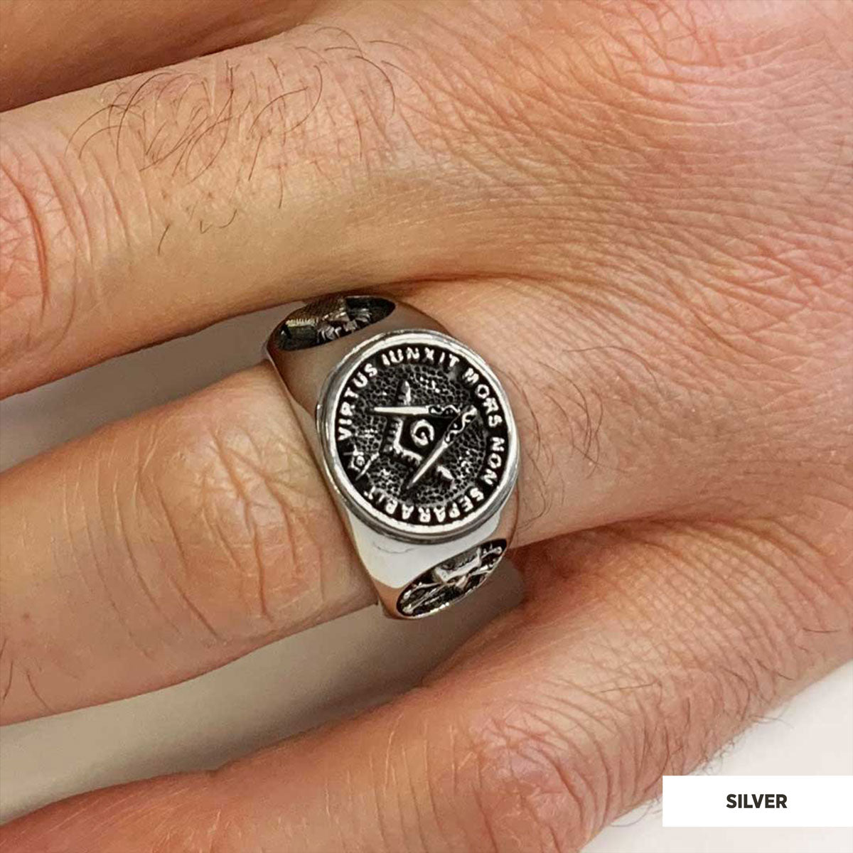 Skull and Bones Masonic Ring, Round Mason Ring, Ancient Lodge Mason Ring - view 7