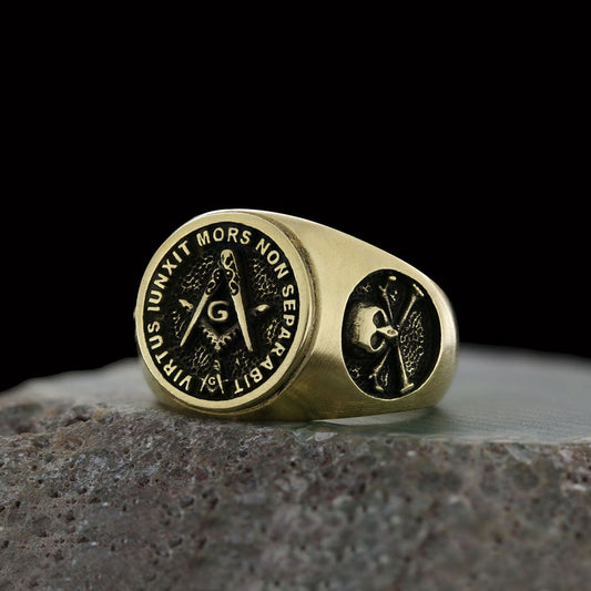 Skull and Bones Masonic Ring, Round Mason Ring, Ancient Lodge Mason Ring