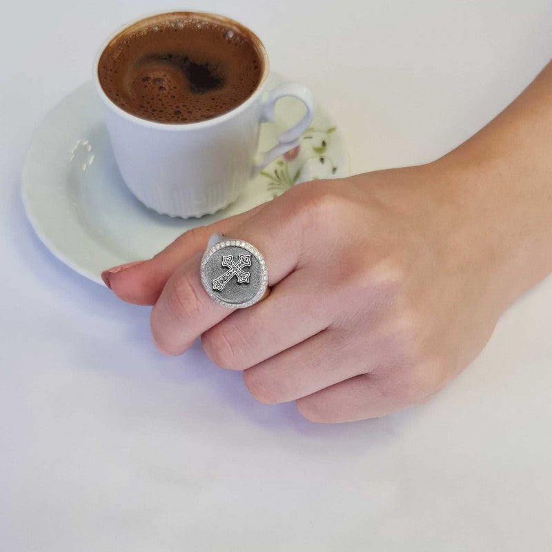 Special Design Handmade Round Christian Cross Women Ring - view 6