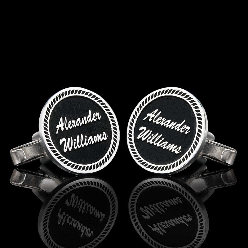 Special Design Handmade Silver Edged With Motifs Round Cufflinks by SWISS PLUS - Letter Collection - view 2