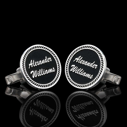 Special Design Handmade Silver Edged With Motifs Round Cufflinks by SWISS PLUS - Letter Collection - view 2