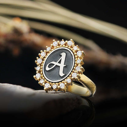 Special Design Handmade Stone Oval 925 Sterling Silver Monogram Letter A Women Ring by SWISS PLUS - Letter Collection
