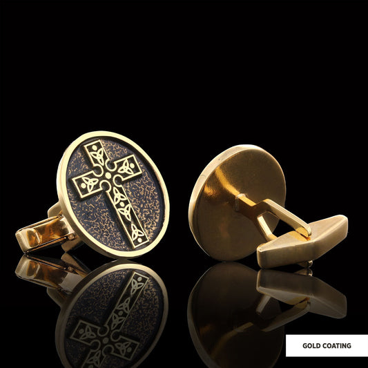 Special Design Motif Cross Cufflinks, Gold Plated Silver Cross Christian Cufflinks, Oval Silver Cufflinks Gold Coating