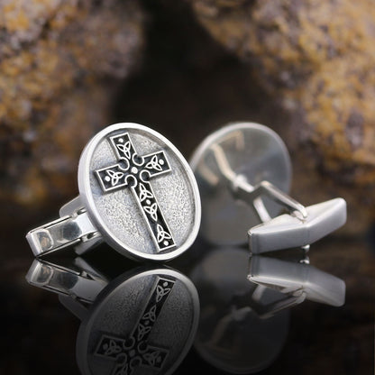 Special Design Motif Cross Cufflinks, Gold Plated Silver Cross Christian Cufflinks, Oval Silver Cufflinks Silver by SWISS PLU