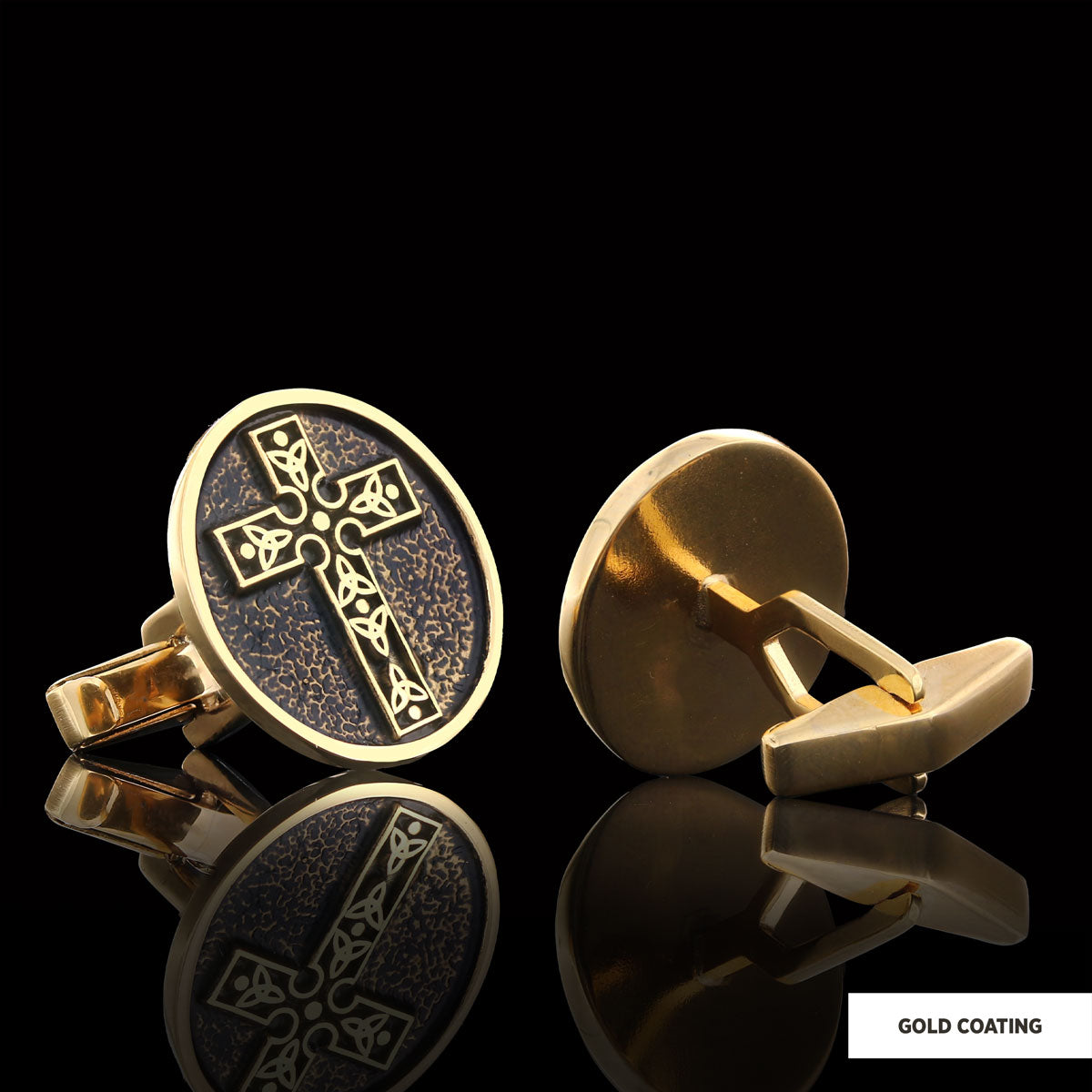 Special Design Motif Cross Cufflinks, Gold Plated Silver Cross Christian Cufflinks, Oval Silver Cufflinks by SWISS PLUS - Chr