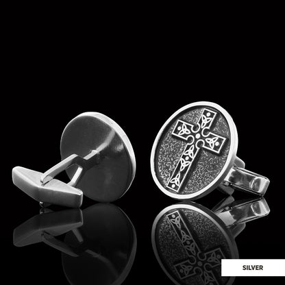 Special Design Motif Cross Cufflinks, Gold Plated Silver Cross Christian Cufflinks, Oval Silver Cufflinks by SWISS PLUS - Chr