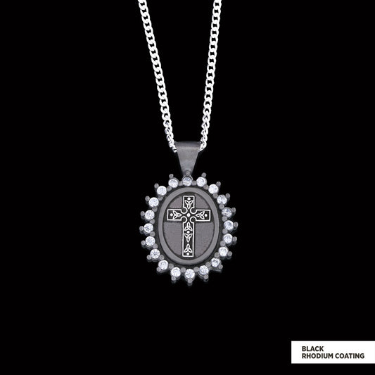 Special Design Stone Motif Cross Necklace, Gold Plated Silver Cross Christian Pendant, Stone Oval Silver Necklace Black Rhodium Coating