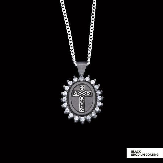 Special Design Stone Motif Cross Necklace, Gold Plated Silver Cross Christian Pendant, Stone Oval Silver Necklace Black Rhodium Coating