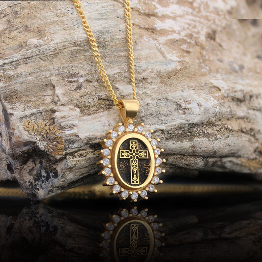 Special Design Stone Motif Cross Necklace, Gold Plated Silver Cross Christian Pendant, Stone Oval Silver Necklace