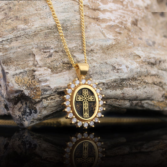 Special Design Stone Motif Cross Necklace, Gold Plated Silver Cross Christian Pendant, Stone Oval Silver Necklace - view 1