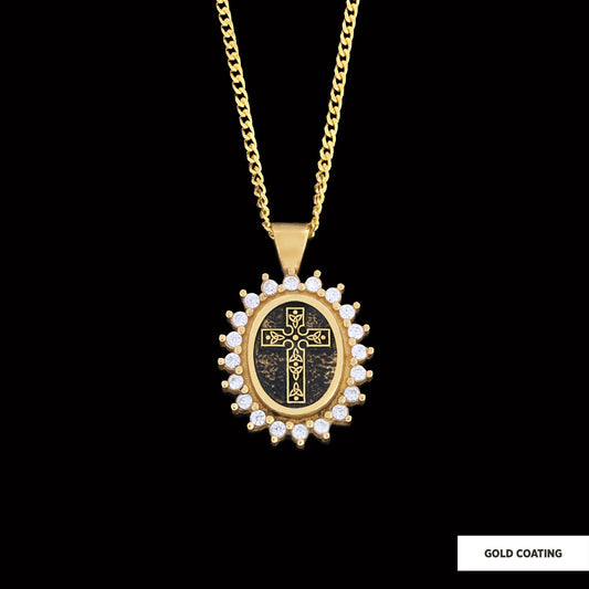 Special Design Stone Motif Cross Necklace, Gold Plated Silver Cross Christian Pendant, Stone Oval Silver Necklace
