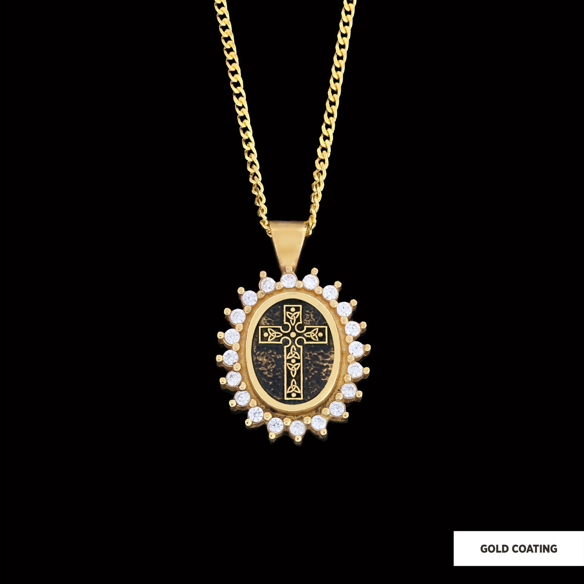 Special Design Stone Motif Cross Necklace, Gold Plated Silver Cross Christian Pendant, Stone Oval Silver Necklace by SWISS PL