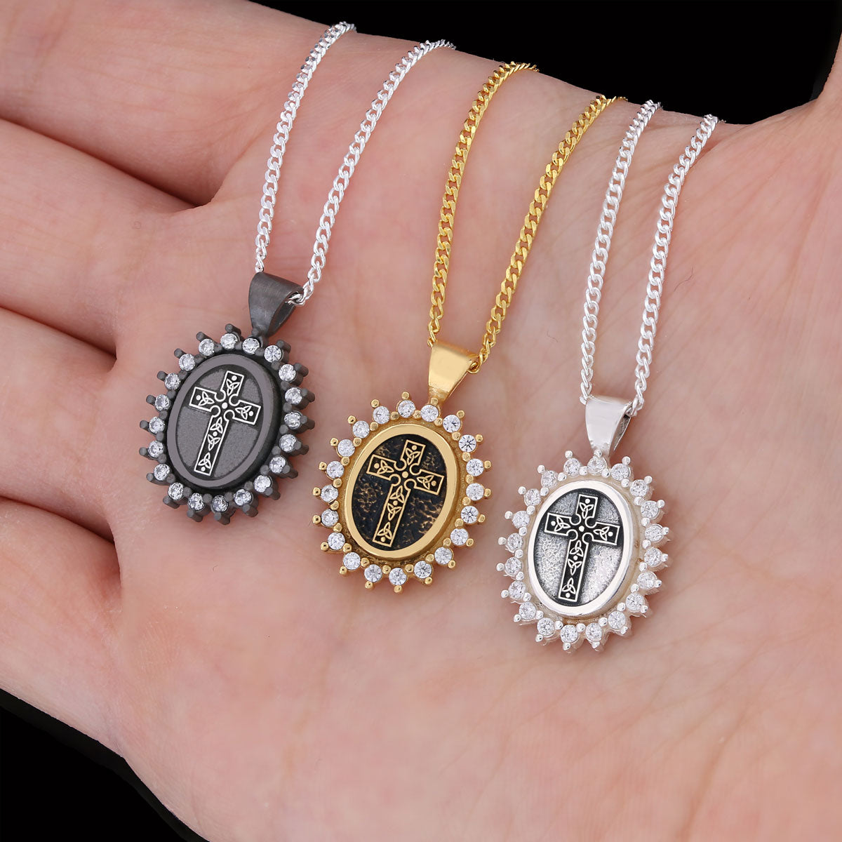 Special Design Stone Motif Cross Necklace, Gold Plated Silver Cross Christian Pendant, Stone Oval Silver Necklace