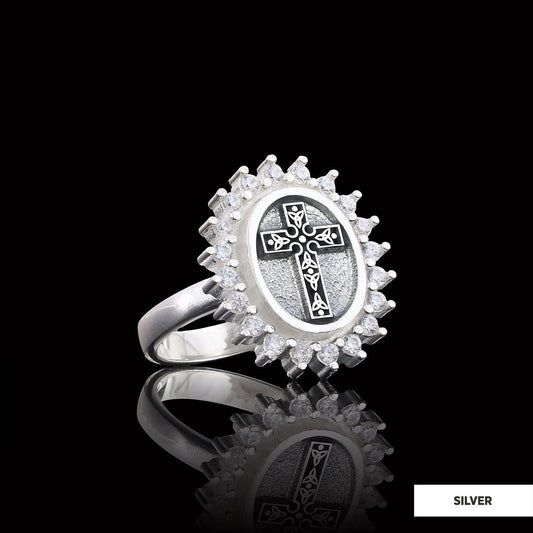 Special Design Stone Motif Ring, Gold Plated Silver Crusader Christian Ring, Stone Oval Silver Ring, Crusader Women's Jewelry Silver