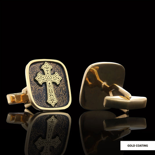 Specially Designed Silver Cross Cufflinks, Gold Plated Motif Cross Cufflinks, Square Cross Special Cufflinks Gold Coating