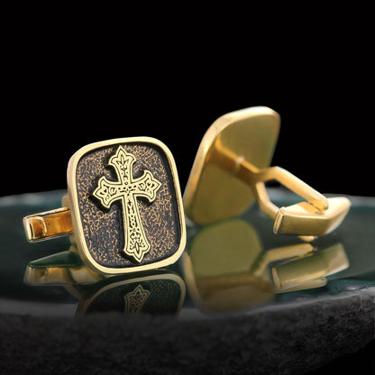 Specially Designed Silver Cross Cufflinks, Gold Plated Motif Cross Cufflinks, Square Cross Special Cufflinks by SWISS PLUS - 