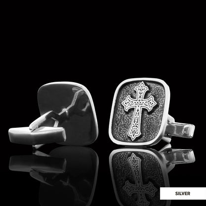Specially Designed Silver Cross Cufflinks, Gold Plated Motif Cross Cufflinks, Square Cross Special Cufflinks by SWISS PLUS - 